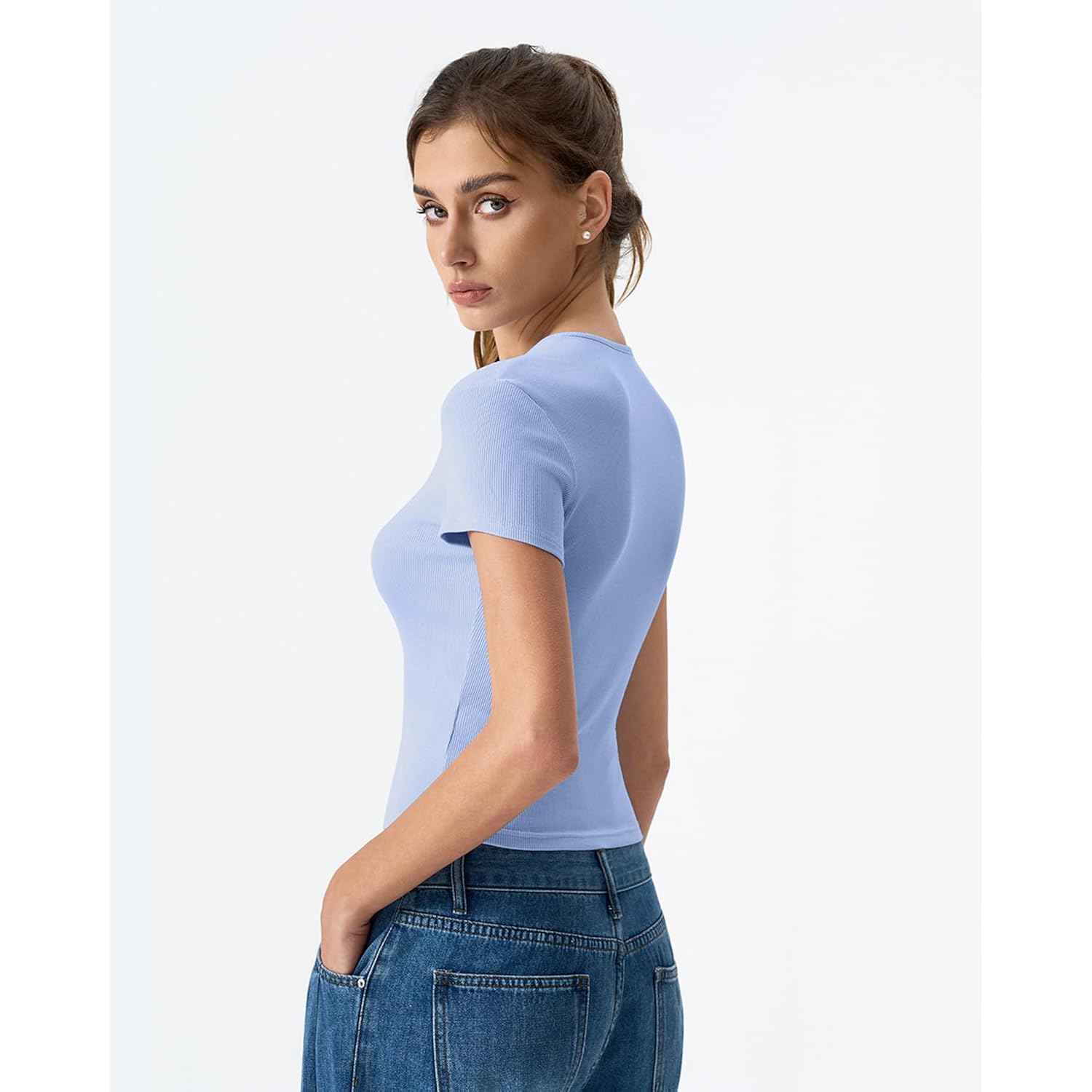 Qinsen Women'S Crewneck Short Sleeve T Shirts Ribbed Button Going Out Trendy Tops