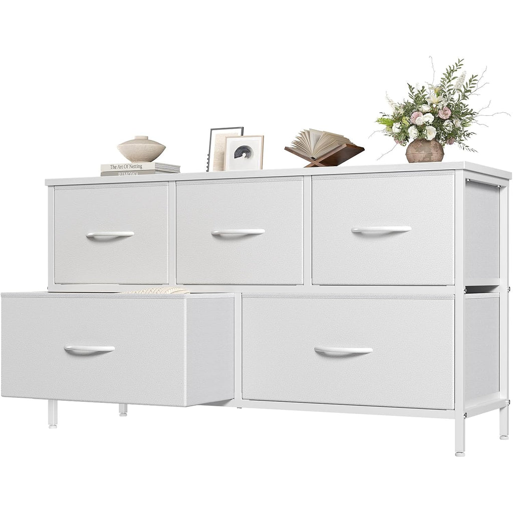 Olixis White Dresser For Bedroom, Wide Chest Of Drawers For Clothes Storage | Fabric Bedroom Dresser With 5 Drawers, Storage Organizer Unit With Fabric Bins, Wooden Top, Living Room