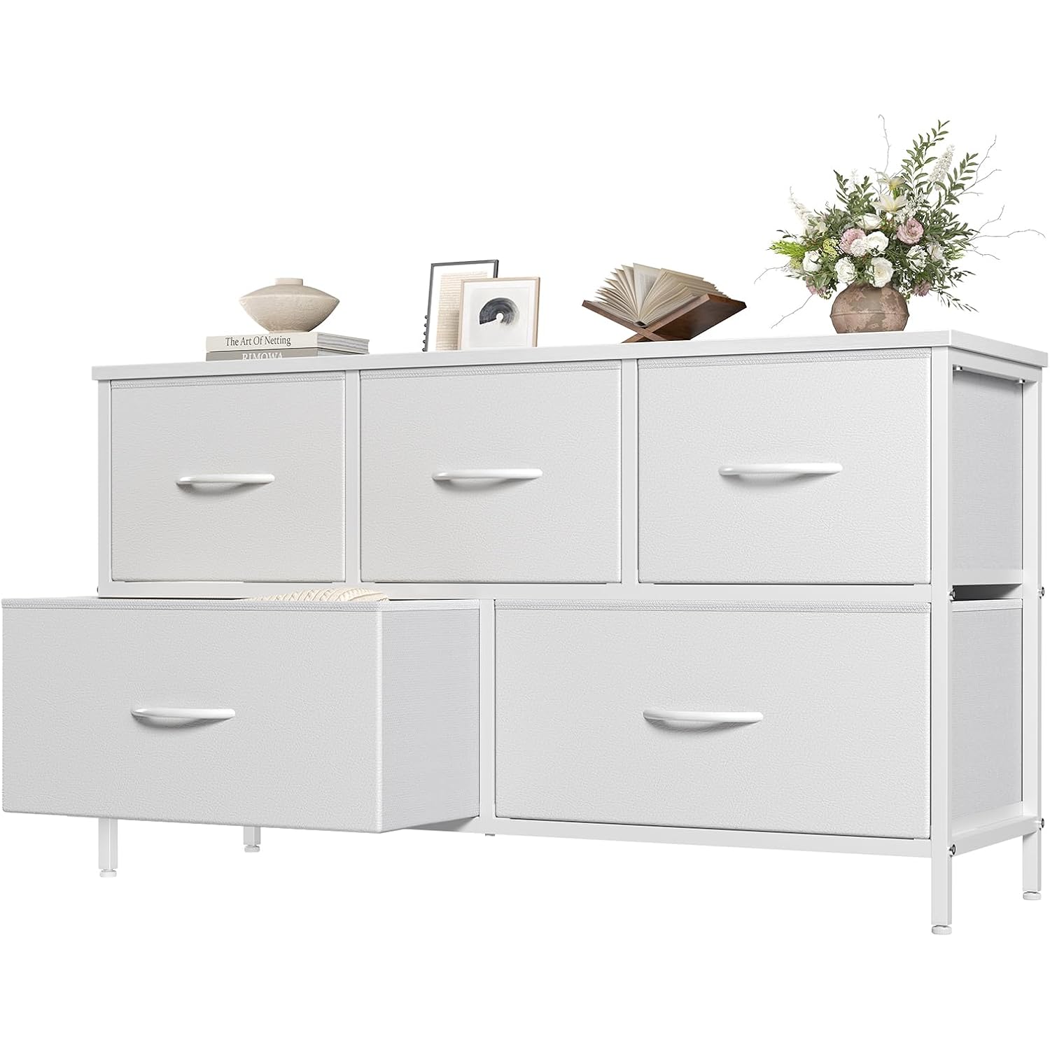 Olixis White Dresser For Bedroom, Wide Chest Of Drawers For Clothes Storage | Fabric Bedroom Dresser With 5 Drawers, Storage Organizer Unit With Fabric Bins, Wooden Top, Living Room