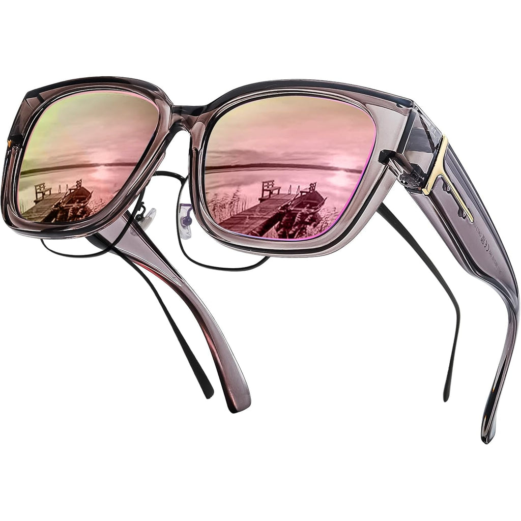LVIOE Polarized Fit Over Sunglasses for Women Men Oversized Square Over Glasses Sunglasses with UV Protection A02 Grey Frame/Pink Lens