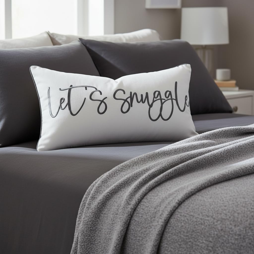 Sunkifover Let's Snuggle Decorative Lumbar Pillow Cover - 12x20 Inch White and Grey Cotton Embroidery Throw Pillowcase for Bed, Bedroom, Living Room, Home Decor