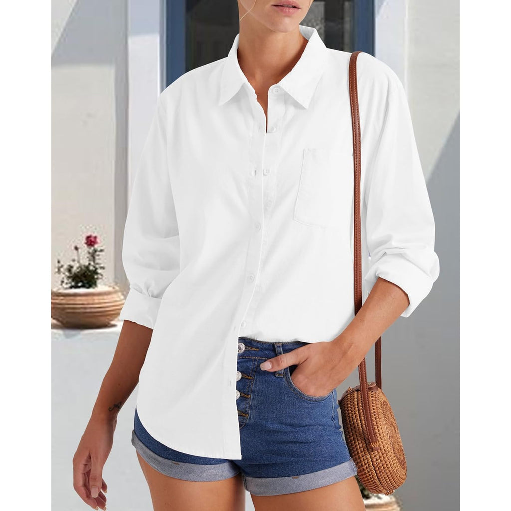 Womens Summer Linen Shirts Casual Button Down 2026 Long Sleeve Cotton Top Blouse Shirt With Pocket