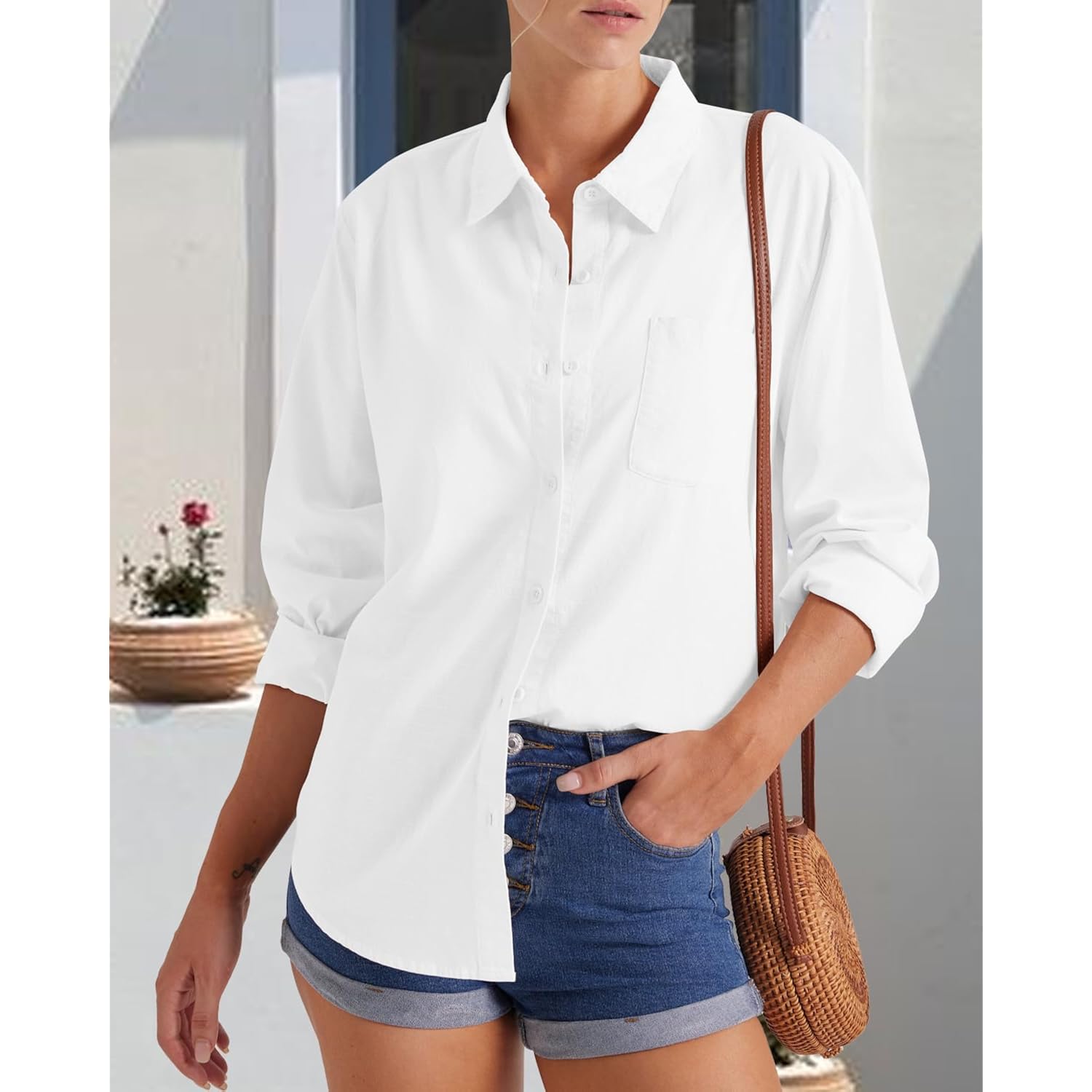 Womens Summer Linen Shirts Casual Button Down 2026 Long Sleeve Cotton Top Blouse Shirt With Pocket