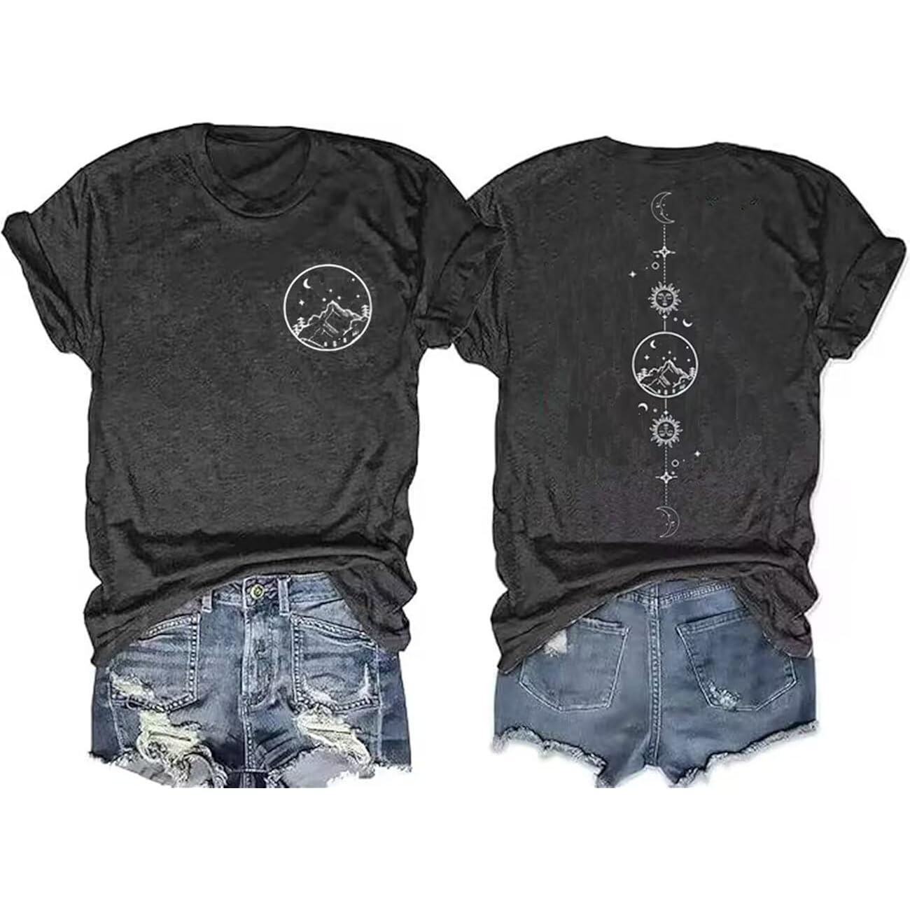 Moon and Sun Shirts Women Vintage Graphic Tshirt Mountain Hiking Short Sleeve Vacation T-Shirt Tops Grey