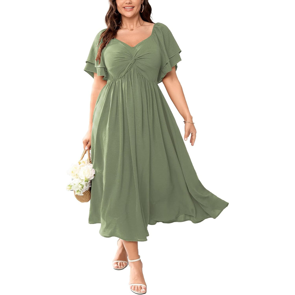 Scomchic Women'S Plus Size Wedding Guest Cocktail Dresses Sweetheart Neckline Ruffle Sleeve A Line Maxi Dress