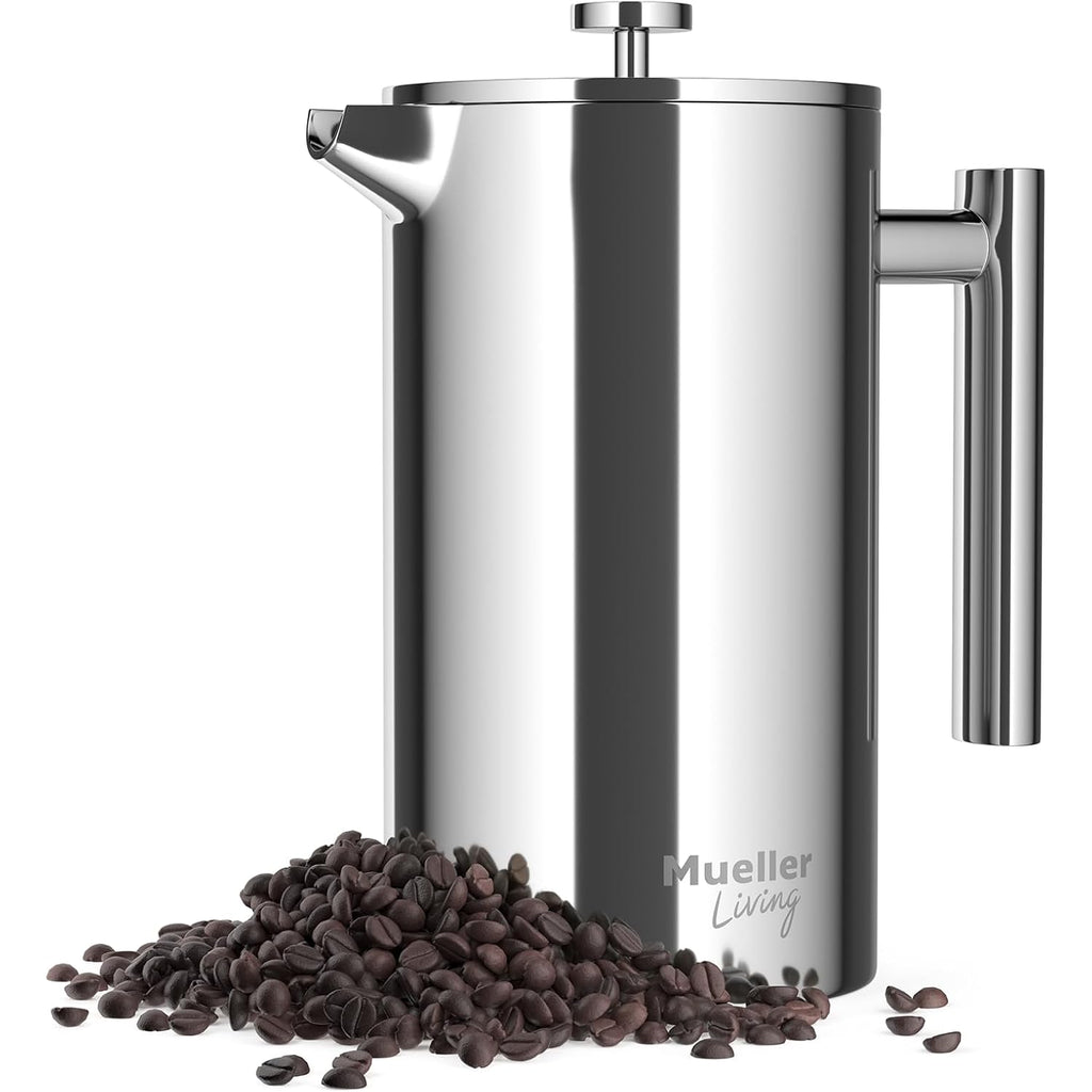 Muellerliving French Press Coffee Maker 34Oz, Stainless Steel French Press Coffee, 4 Filter Heat Resistant Double Insulated, Rust-Free, Food Grade, Dishwasher Safe Coffee Pot