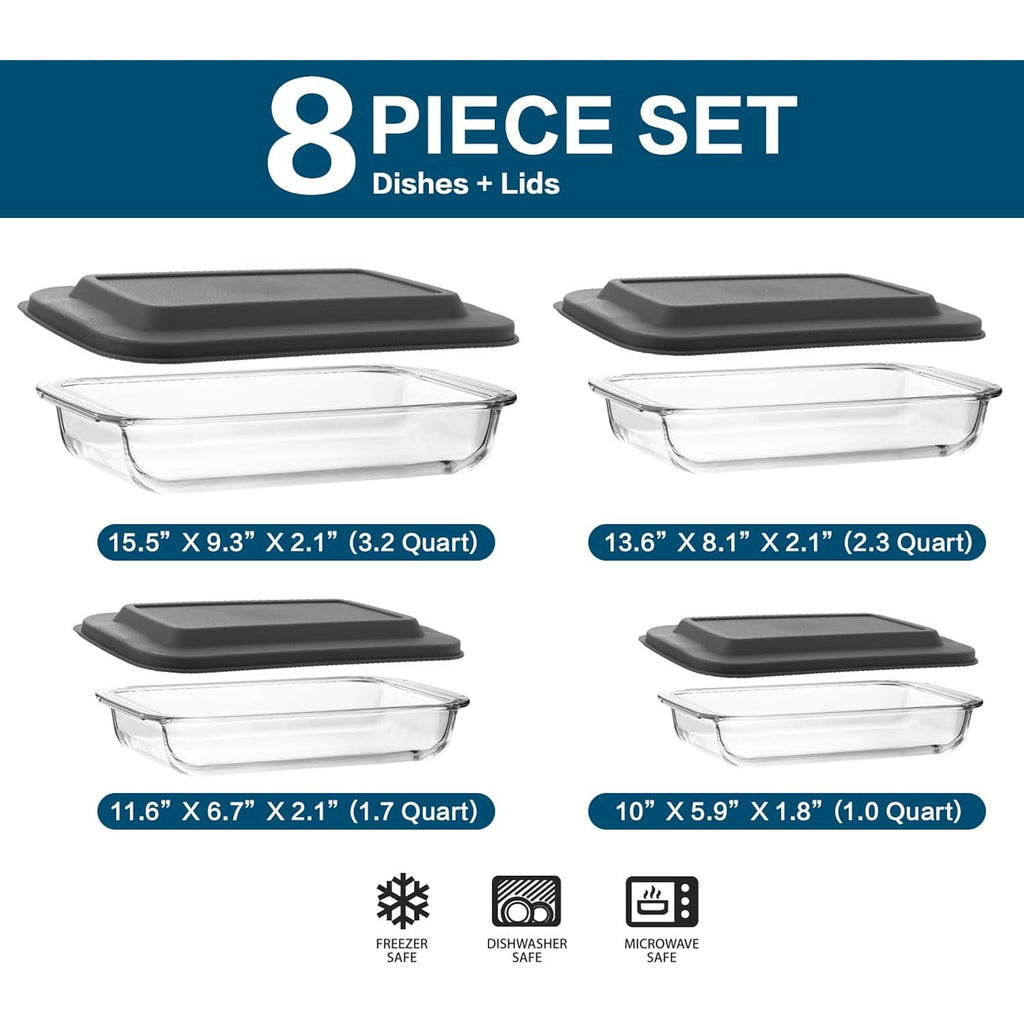 8-Piece Deep Glass Baking Dish Set with Plastic lids,Rectangular Glass Bakeware Set with Lids, Baking Pans for Lasagna, Leftovers, Cooking, Kitchen, Freezer-to-Oven and Dishwasher, Gray