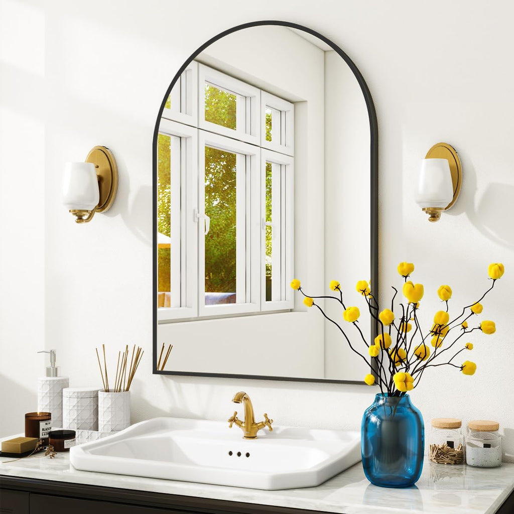 Arched Wall Mirror, 24 X 36 Inch Arch Bathroom Mirror, Wall Mounted Vanity Mirror With Arch Metal Frame, Modern Bathroom Vanity Mirror For Bedroom, Living Room, Hanging Or Leaning, Black