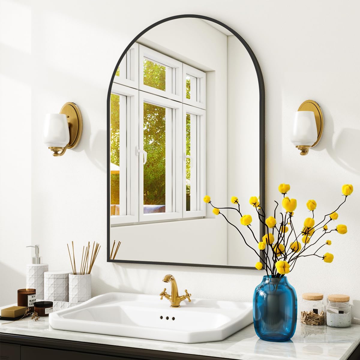 Arched Wall Mirror, 24 X 36 Inch Arch Bathroom Mirror, Wall Mounted Vanity Mirror With Arch Metal Frame, Modern Bathroom Vanity Mirror For Bedroom, Living Room, Hanging Or Leaning, Black