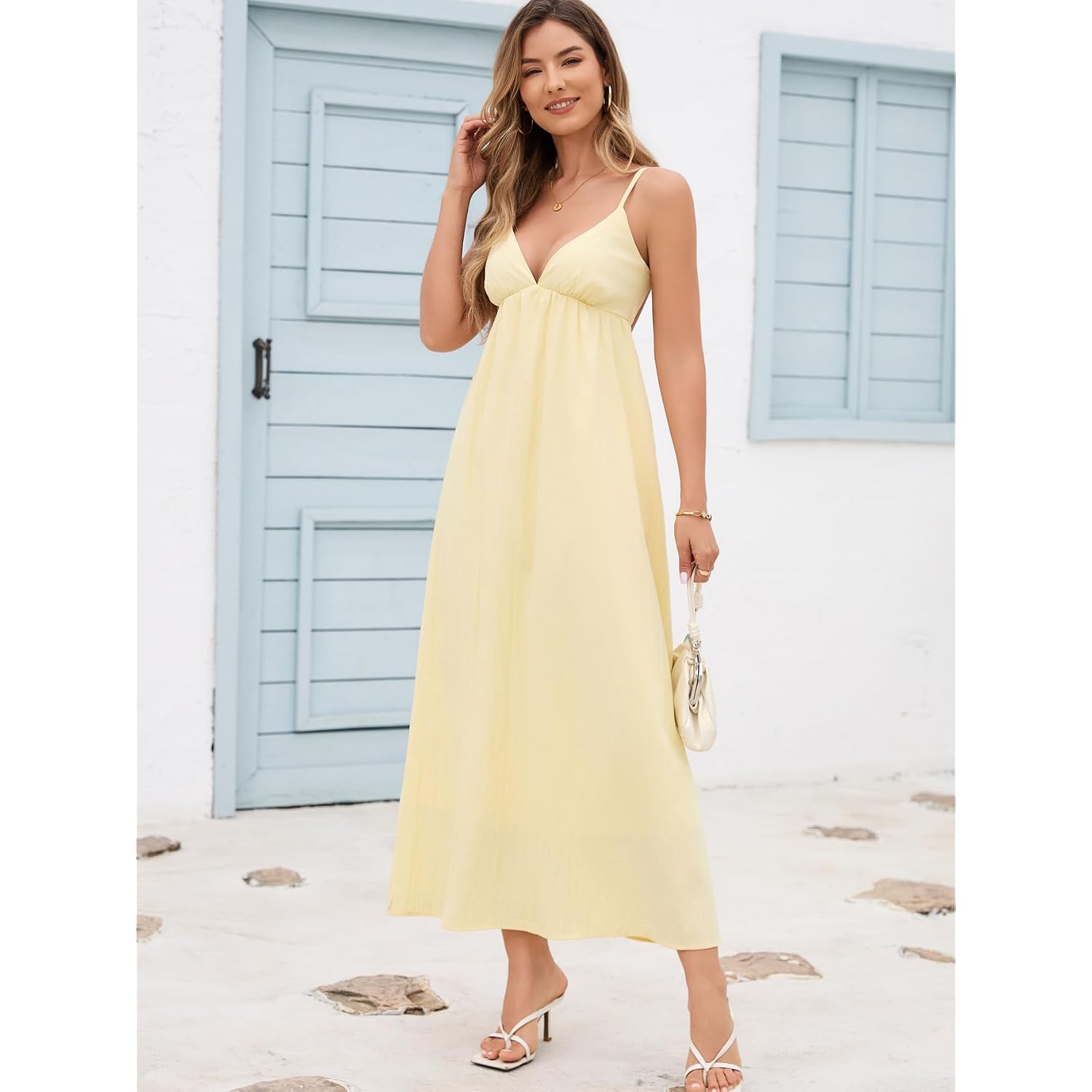 Women'S Dress V Neck Backless Spaghetti Strap Maxi Dress For Women Flowy Boho Casual Sundress