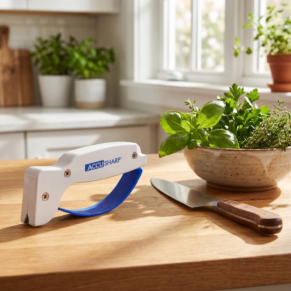 Accusharp Knife Sharpener, Ergonomic Comfortable Handle, Compact & Easy To Use, Restore And Hone Straight & Serrated Knives, White