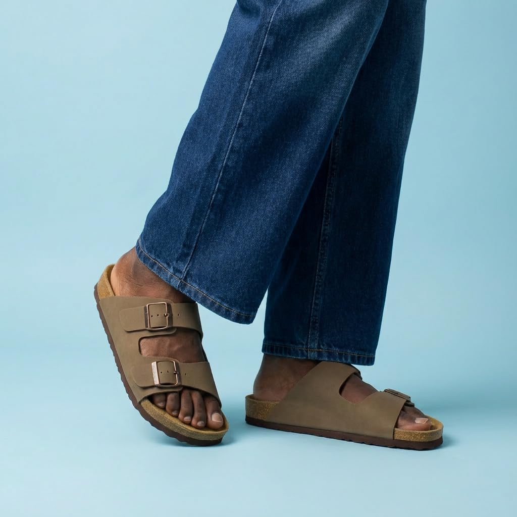 Cushionaire Lane Cork Footbed Mens Sandals, Adjustable Buckle Comfort Slides For Men, Genuine Leather Insole Summer Sandals Men Footwear