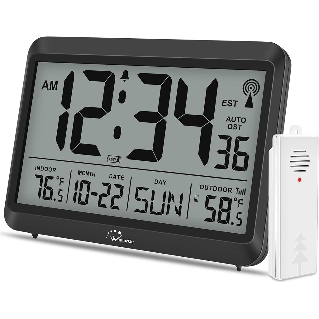 Atomic Clock With Indoor Outdoor Temperature - 8.5'' Digital Clock Battery Operated, Self-Setting, 4 Time Zones, Dst