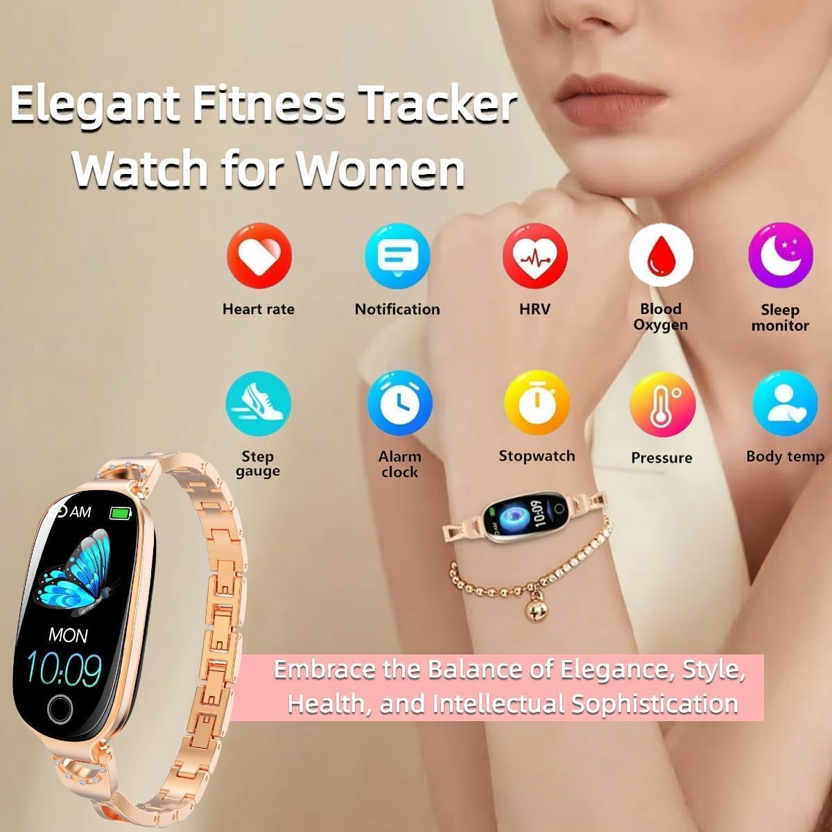 Fitness Tracker Watch Fashionable Women's Smartwatch Female Menstrual Period Reminder - Heart Rate and Blood Pressure Monitoring IP67 Waterproofing USB Magnetic Charging (Style 1)