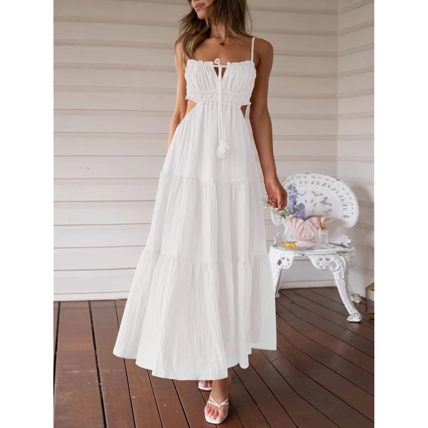 Fisoew Women'S Spaghetti Strap Maxi Dress Summer Sleeveless Side Cut Out Dress Casual Boho Backless Flowy Long Dresses