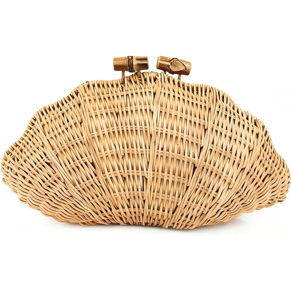 Cuxva Handwoven Shell Rattan Clutch For Women Summer Beach Straw Bags Sea Shell Clutch Purse