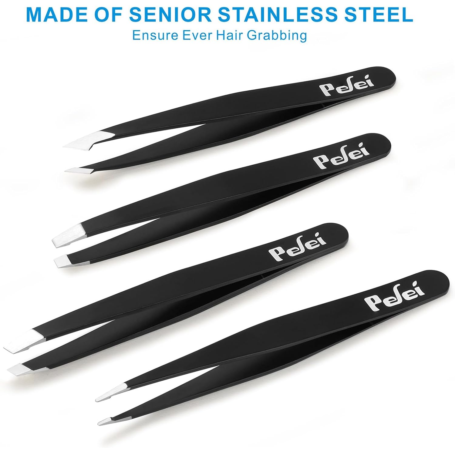 Pefei Tweezers Set - Professional Stainless Steel Tweezers for Eyebrows - Great Precision for Facial Hair, Splinter and Ingrown Hair Removal (Black)