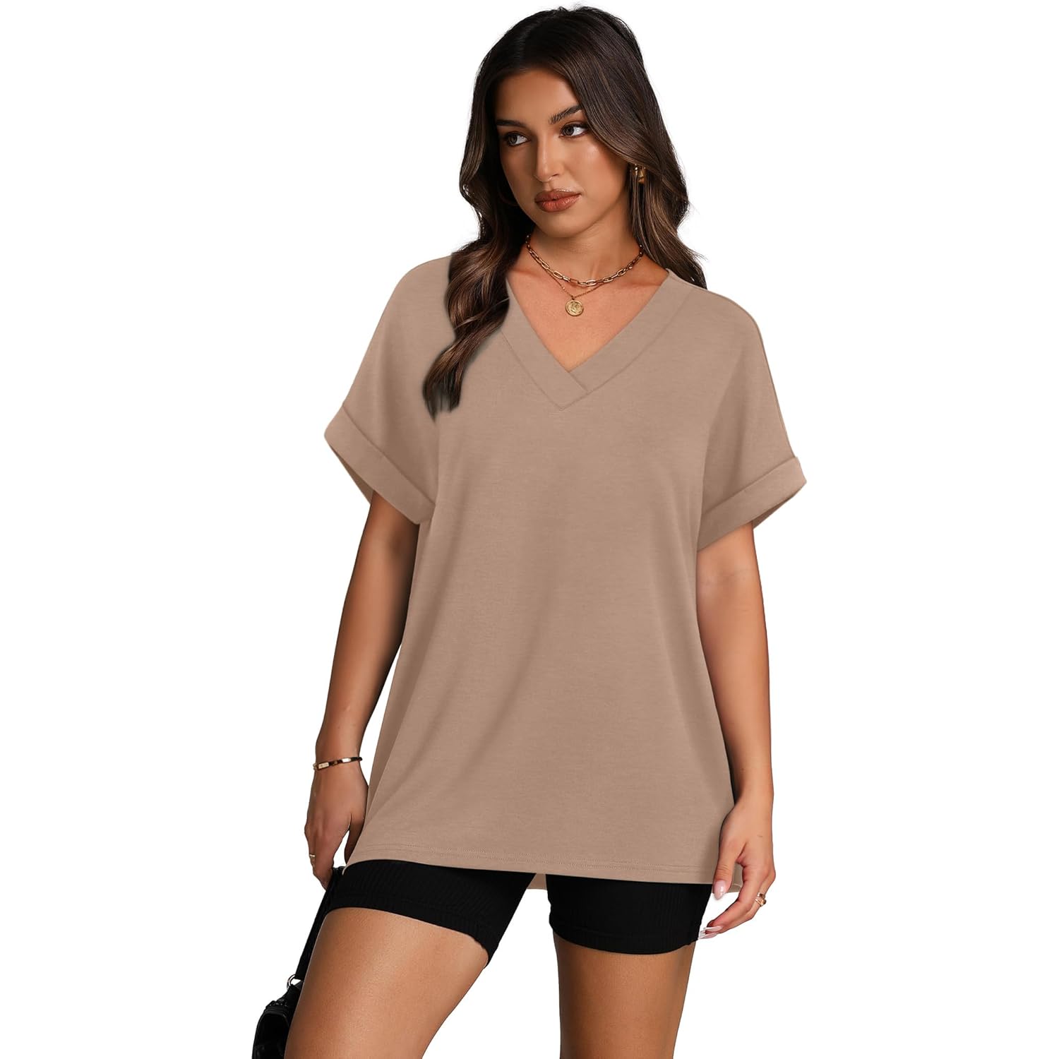 Womens Oversized V Neck Tshirts Plus Size Summer Tops 2026 Short Rolled Sleeve Shirts Dressy Casual Blouses S-4XL