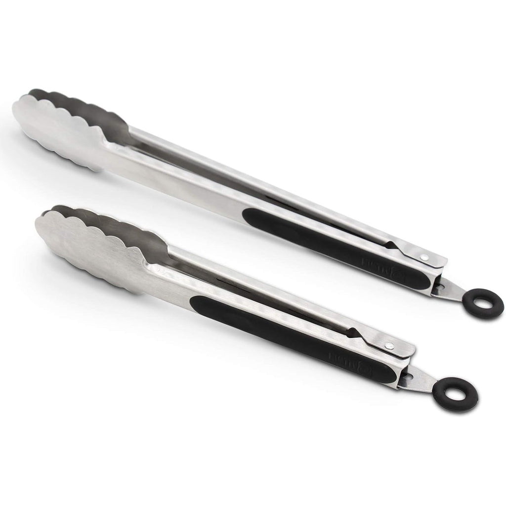 304 Stainless Steel Kitchen Cooking Tongs, 9" And 12" Set Of 2 Sturdy Grilling Barbeque Brushed Locking Food Tongs With Ergonomic Grip, Black