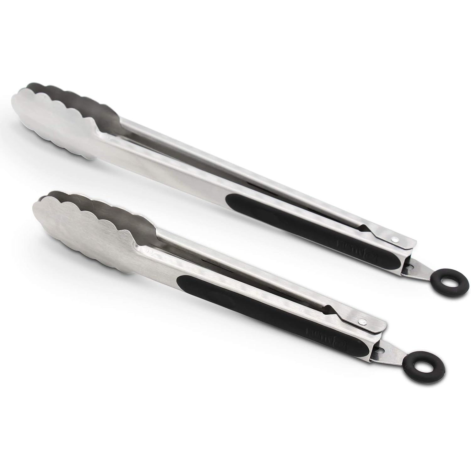 304 Stainless Steel Kitchen Cooking Tongs, 9" And 12" Set Of 2 Sturdy Grilling Barbeque Brushed Locking Food Tongs With Ergonomic Grip, Black