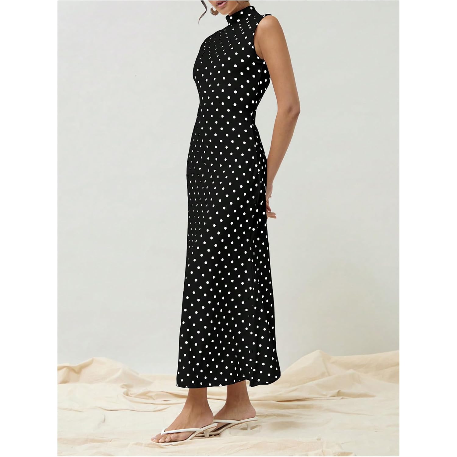 Milumia Women'S Polka Dots Maxi Tank Dress Vintage Mock Neck Sleeveless Elegant Long Dresses