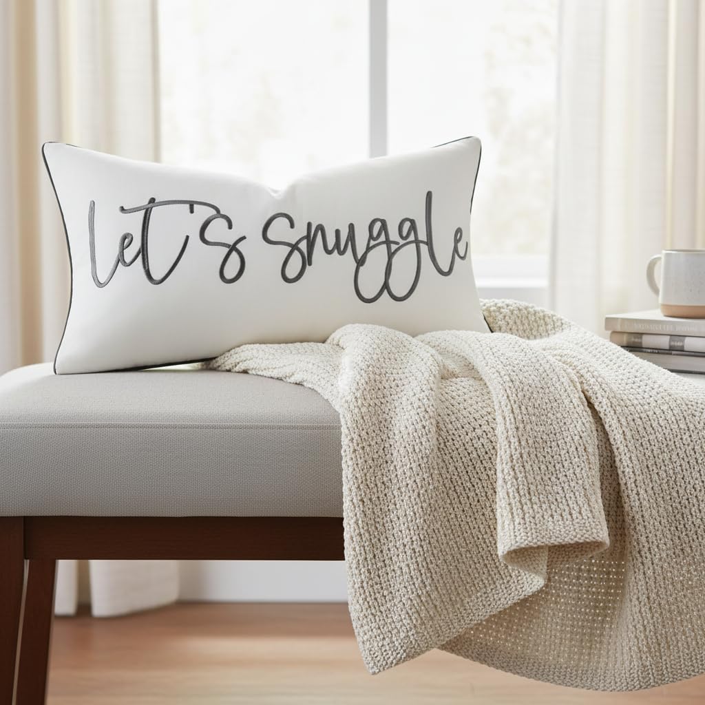 Sunkifover Let's Snuggle Decorative Lumbar Pillow Cover - 12x20 Inch White and Grey Cotton Embroidery Throw Pillowcase for Bed, Bedroom, Living Room, Home Decor