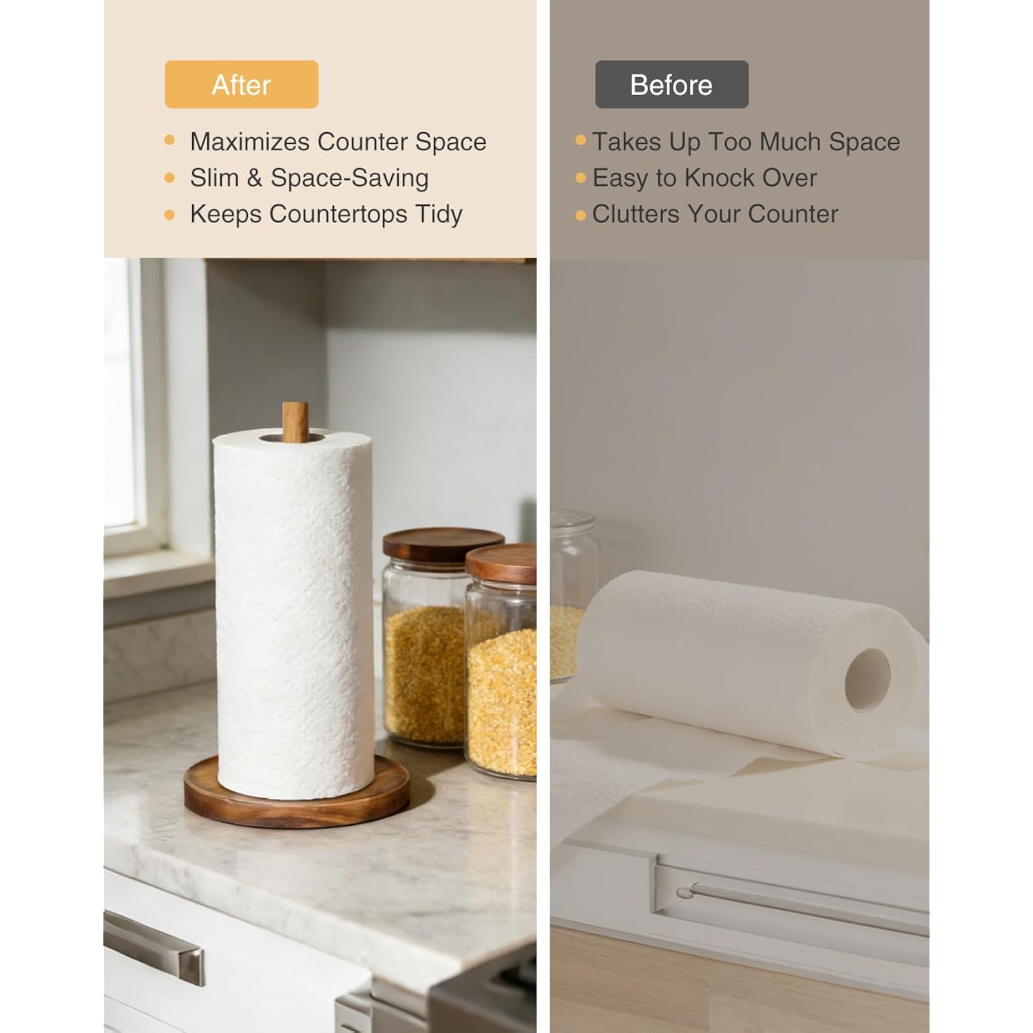 Paper Towel Holder Countertop, Wooden Standing Paper Towel Roll Stand For Rustic Farmhouse & Cottagecore Decor, Kitchen Bathroom Essential, Brown