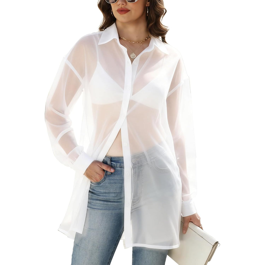 Gihuo Women’ S Sheer Blouse Mid Long Button Down Shirt Mesh Shirt Sexy See Through Top