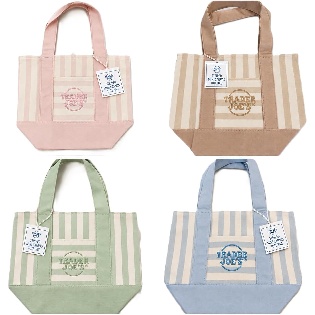 Set Of 4 Mini Striped Canvas Tote Bags, Pastel Mint Green, Pink, Light Blue, And Beige