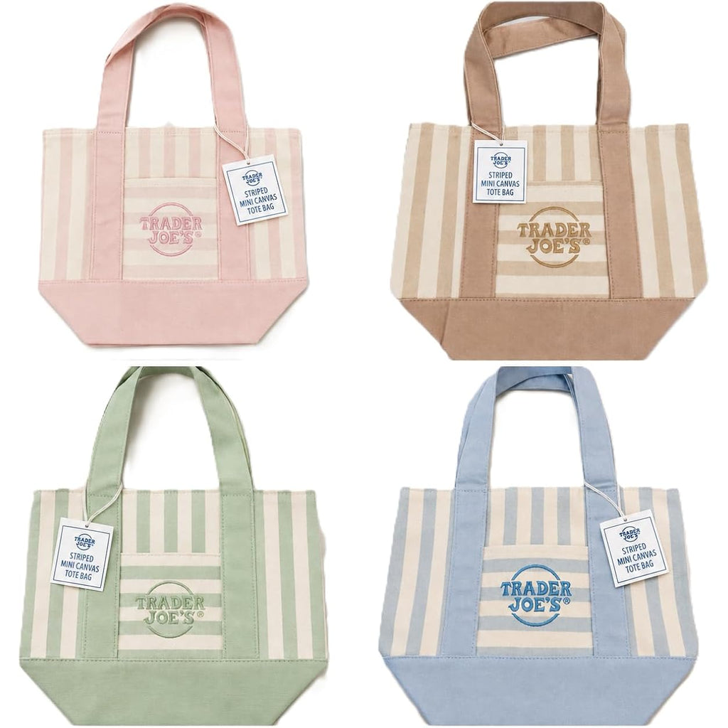 Set Of 4 Mini Striped Canvas Tote Bags, Pastel Mint Green, Pink, Light Blue, And Beige
