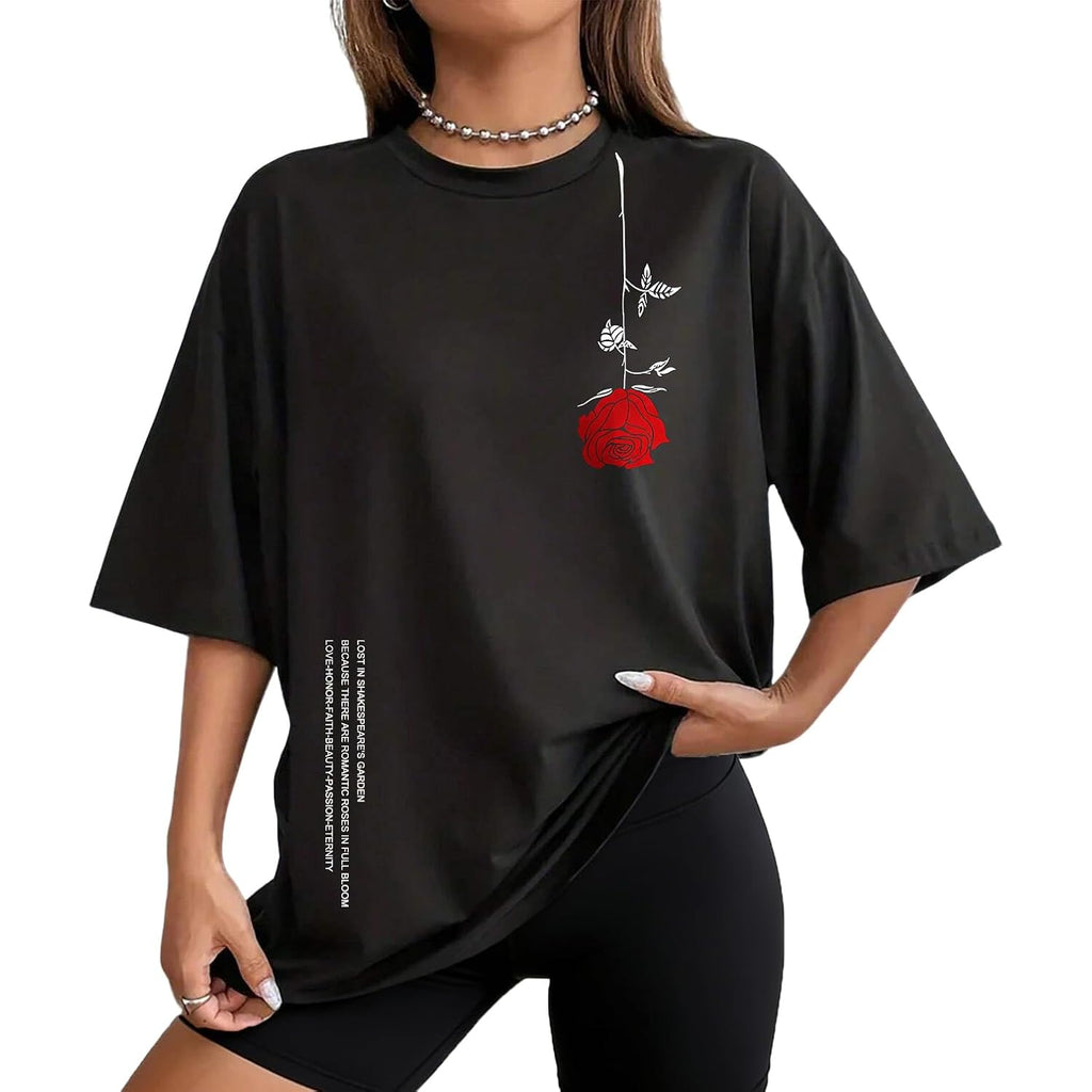 UOUA Women Oversized Graphic T-Shirt Casual Cotton Tees Printed Summer Tops Rose-black