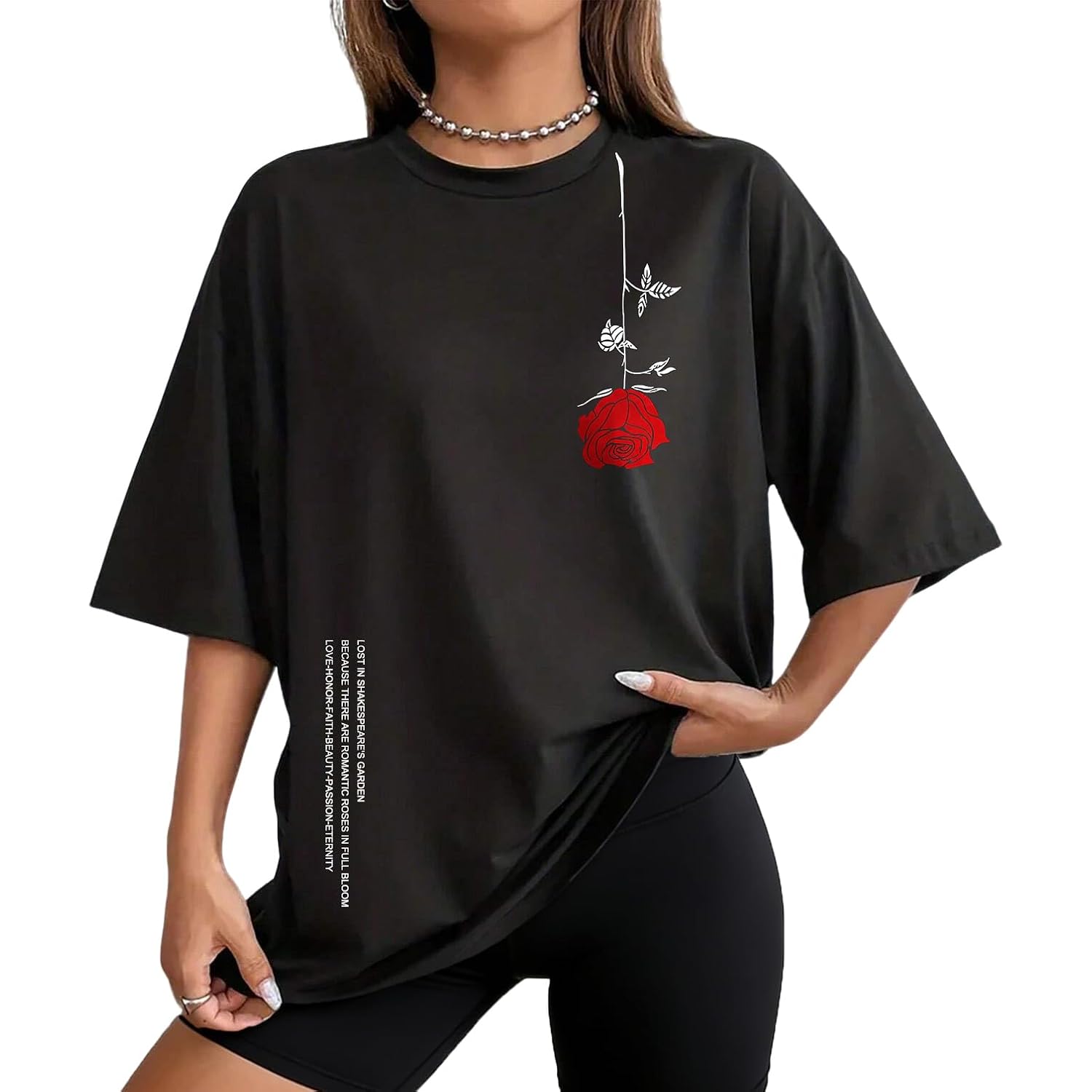 UOUA Women Oversized Graphic T-Shirt Casual Cotton Tees Printed Summer Tops Rose-black