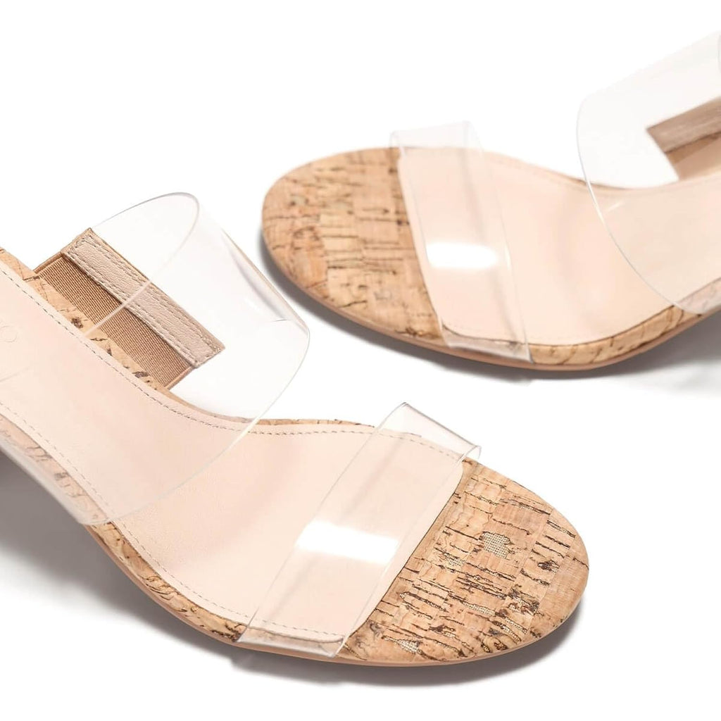 Coutgo Women'S Clear Heeled Sandals Transparent Two Strap Chunky Block Heels Mules Open Toe Slip On Dress Shoes