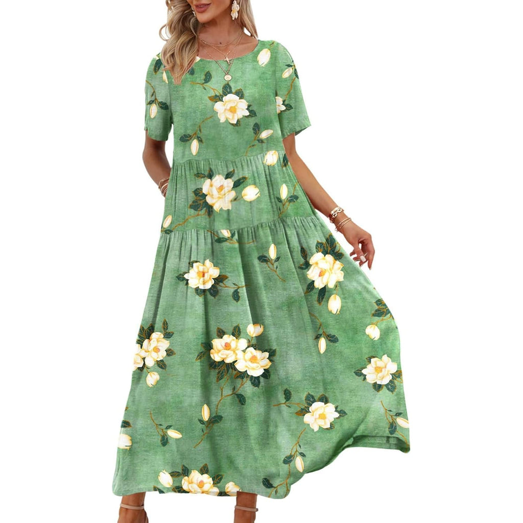 Yesno Women Casual Loose Bohemian Floral Dress With Pockets Short Sleeve Long Maxi Summer Beach Swing Dress Ejf