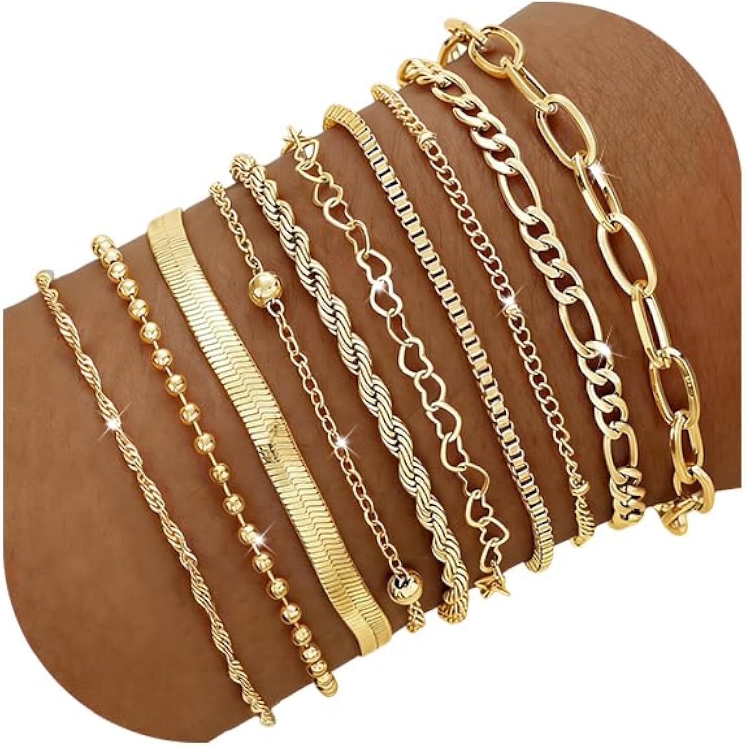 10 Pcs Gold Bracelets Set for Women, 14K Gold Plated Stackable Cuban Link Paperclip Chain Bracelet Pack, Dainty Gold Bracelets Stack Jewelry Gift