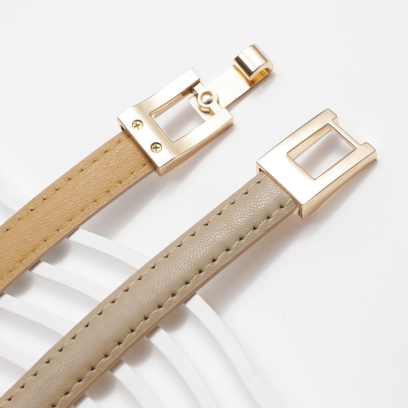 Glamorstar Skinny Belts for Women Thin PU Leather Waist Belt with Gold Buckle for Dresses
