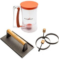 Blackstone 1543 Outdoor Griddle Breakfast Preparation Kit with Pancake Batter Dispenser, Cast Iron Bacon Press, and 2 Non Stick Steel Egg Rings