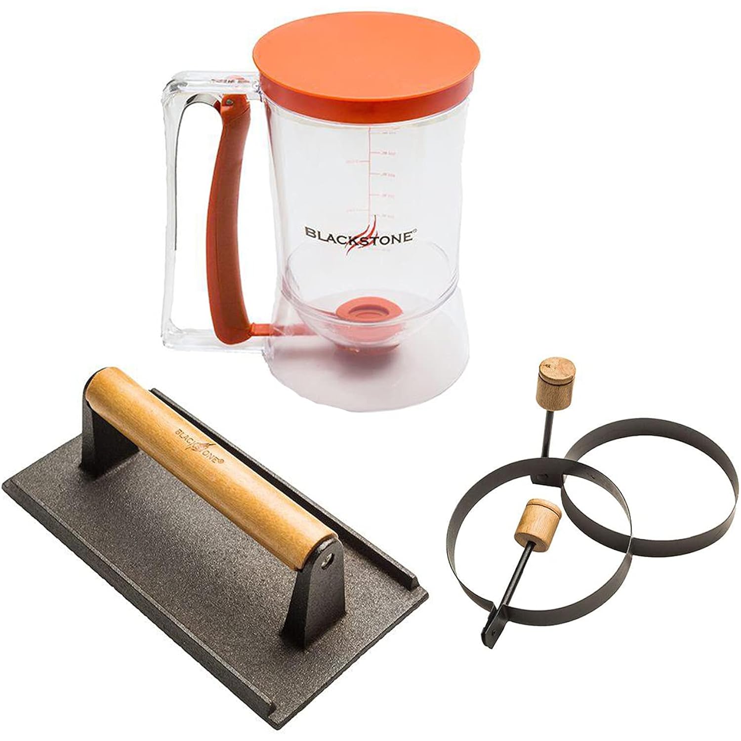 Blackstone 1543 Outdoor Griddle Breakfast Preparation Kit with Pancake Batter Dispenser, Cast Iron Bacon Press, and 2 Non Stick Steel Egg Rings