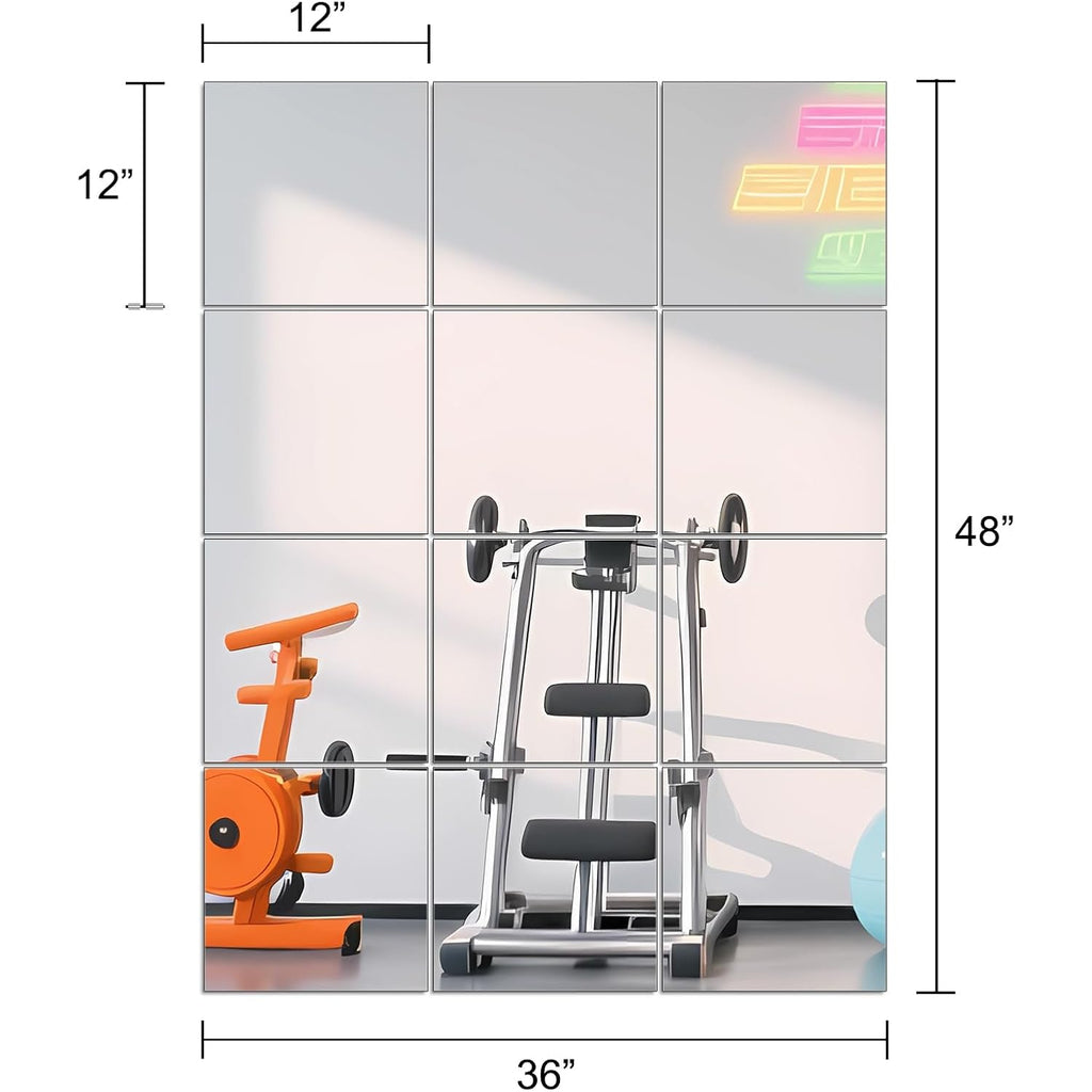 Ruomeng Home Gym Mirrors 12 Inch x 12Pcs Wall Mounted Mirror Glass Frameless Full Length Mirror Tiles for Home Gym, Bedroom, Door & Bathroom