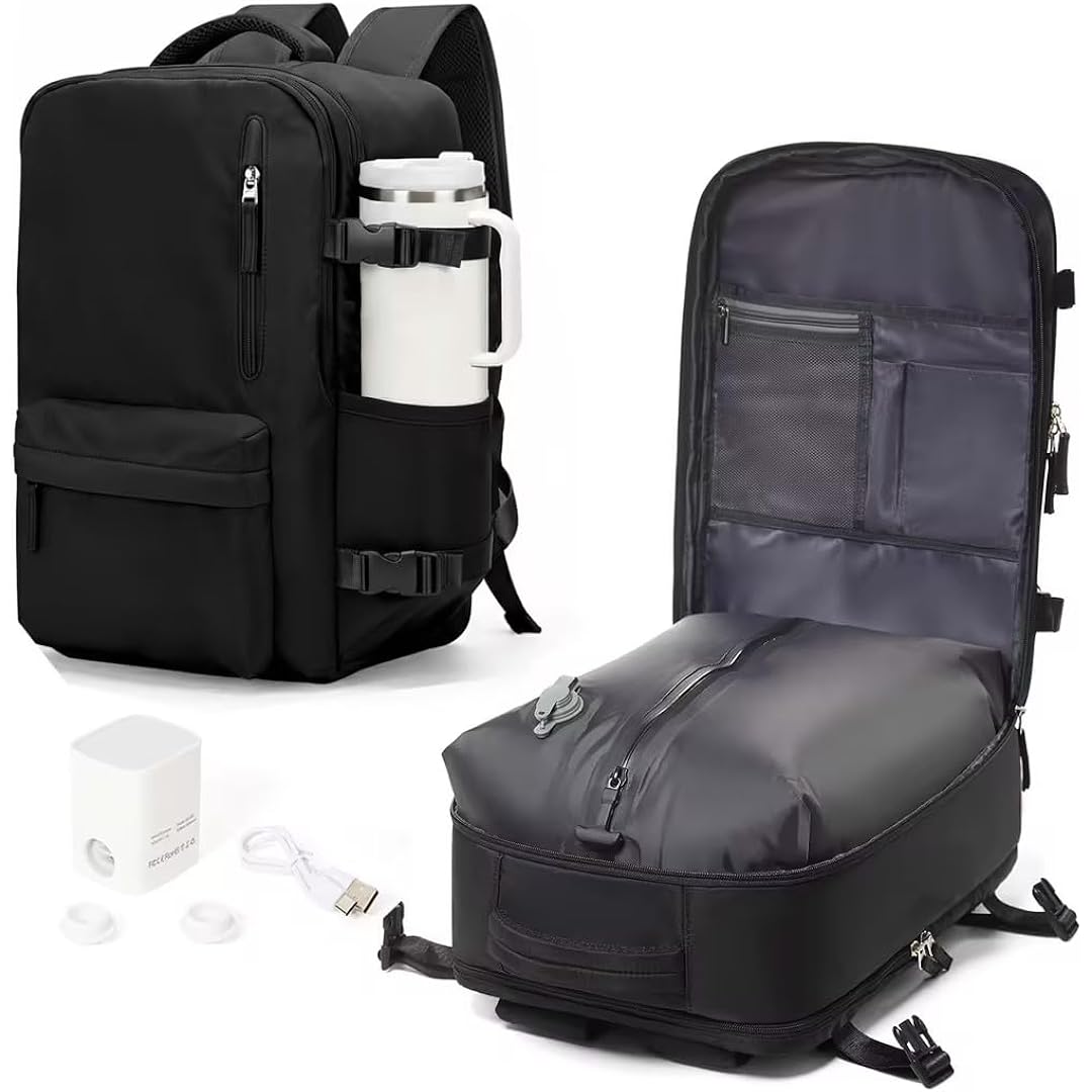 Wonhox Vacuum Seal Backpack For Travel With Air Pump Compression Vacpack Carry On Flight Approved Daypack Laptop Space Saver Bags Storage With Vacuum System 18X14X8 Inches Travel Bag Women Men Black
