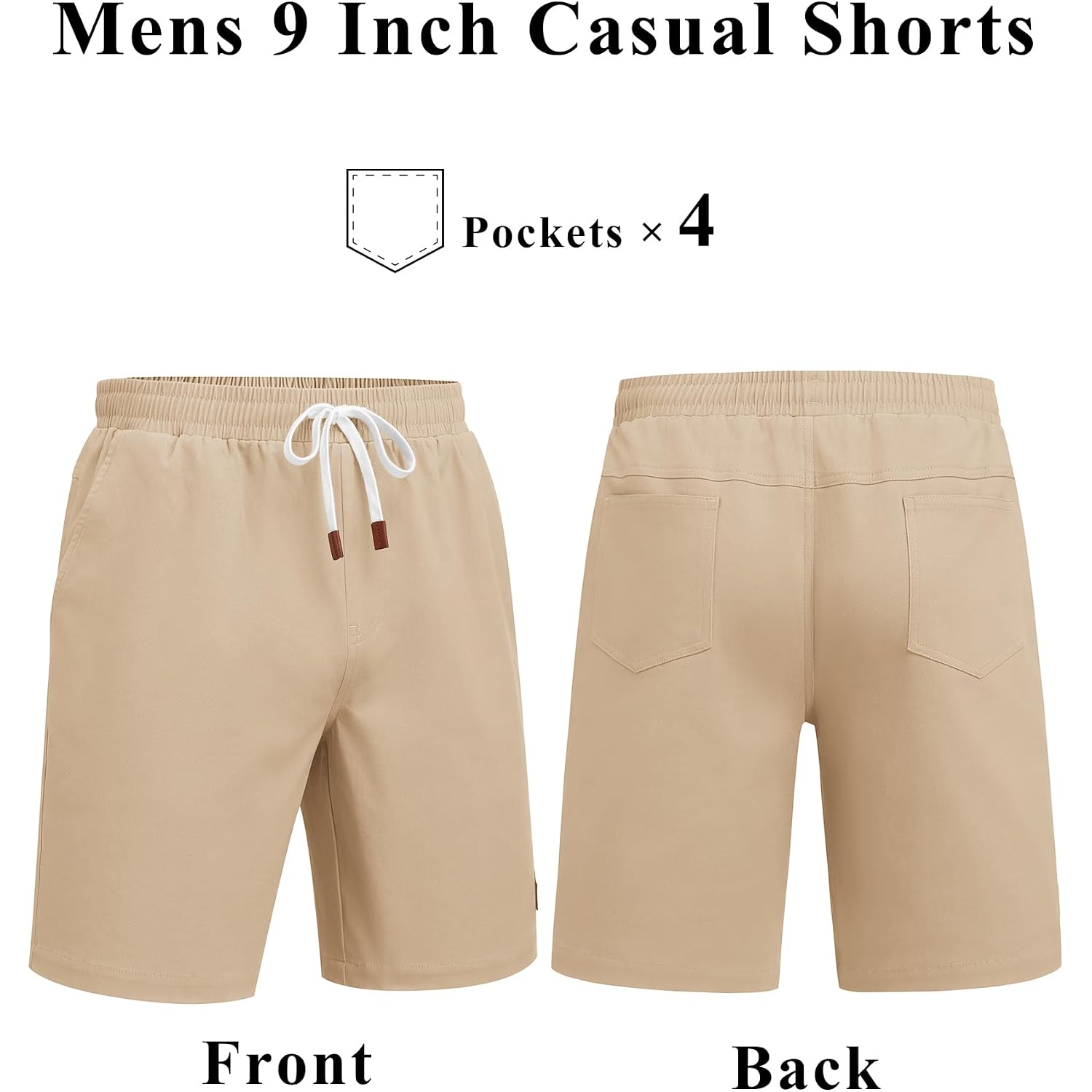 Coofandy Mens Cotton Chino Shorts 9 Inch Casual Shorts Elastic Waist Drawstring Summer Beach Shorts With Pockets