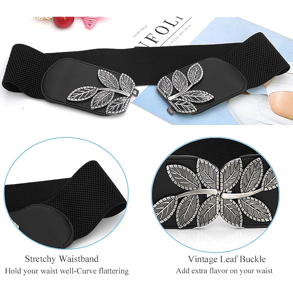 Women's Stretchy Belt for Dress Vintage Wide Gold/silver Leaf Buckle Waist Belts for women Elastic Waistband