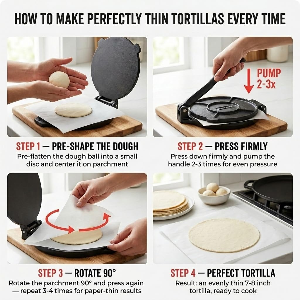 Uno Casa Cast Iron Tortilla Press 8 Inch - Tortilla Maker Press, Pre-Seasoned Roti Maker With 100 Pcs Parchment Paper - Heavy Duty Quesadilla Maker For Homemade Flatbreads, Rotis, Empanadas