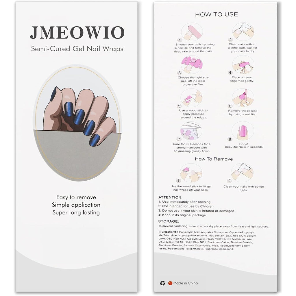JMEOWIO Gel Nail Stickers Dark Blue Cat Eye Semi Cured Gel Nail Strips Wraps UV/LED Nails Art Design Decoration Accessories