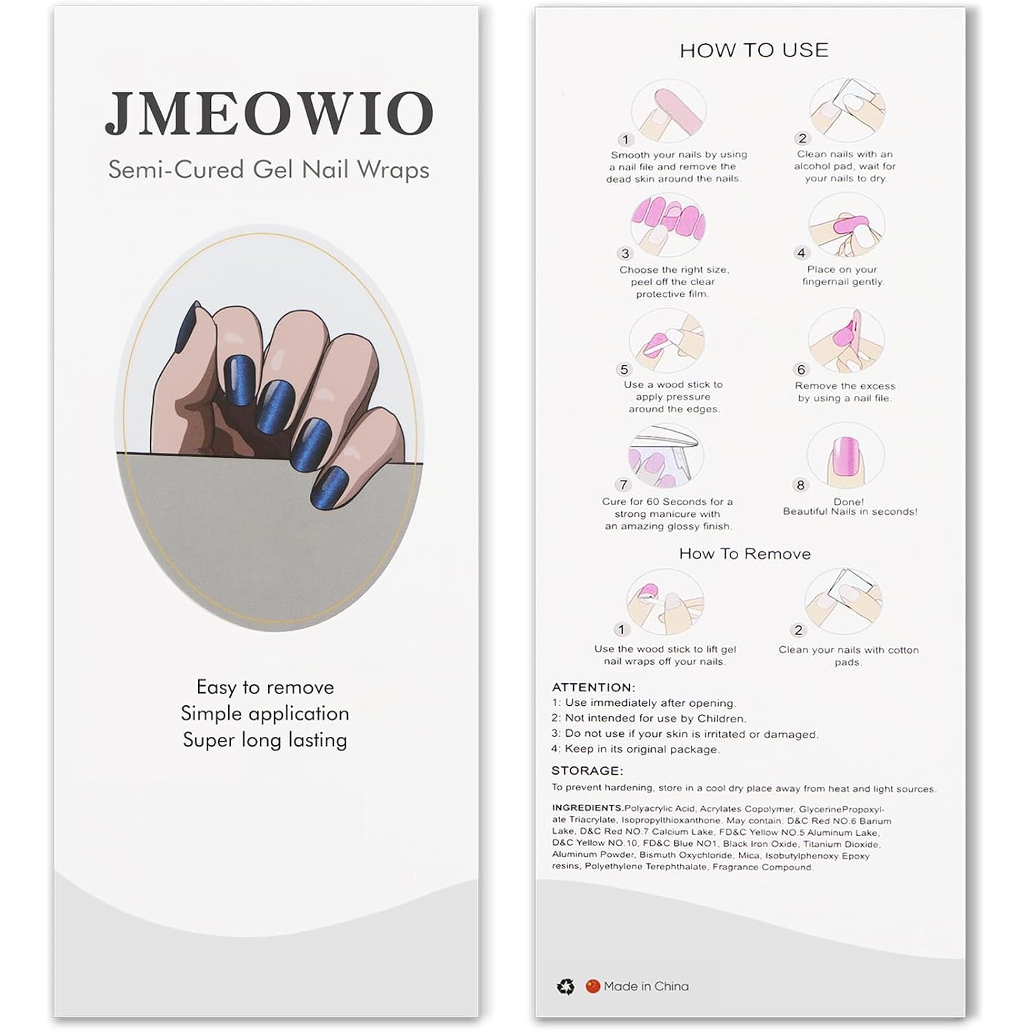 JMEOWIO Gel Nail Stickers Dark Blue Cat Eye Semi Cured Gel Nail Strips Wraps UV/LED Nails Art Design Decoration Accessories