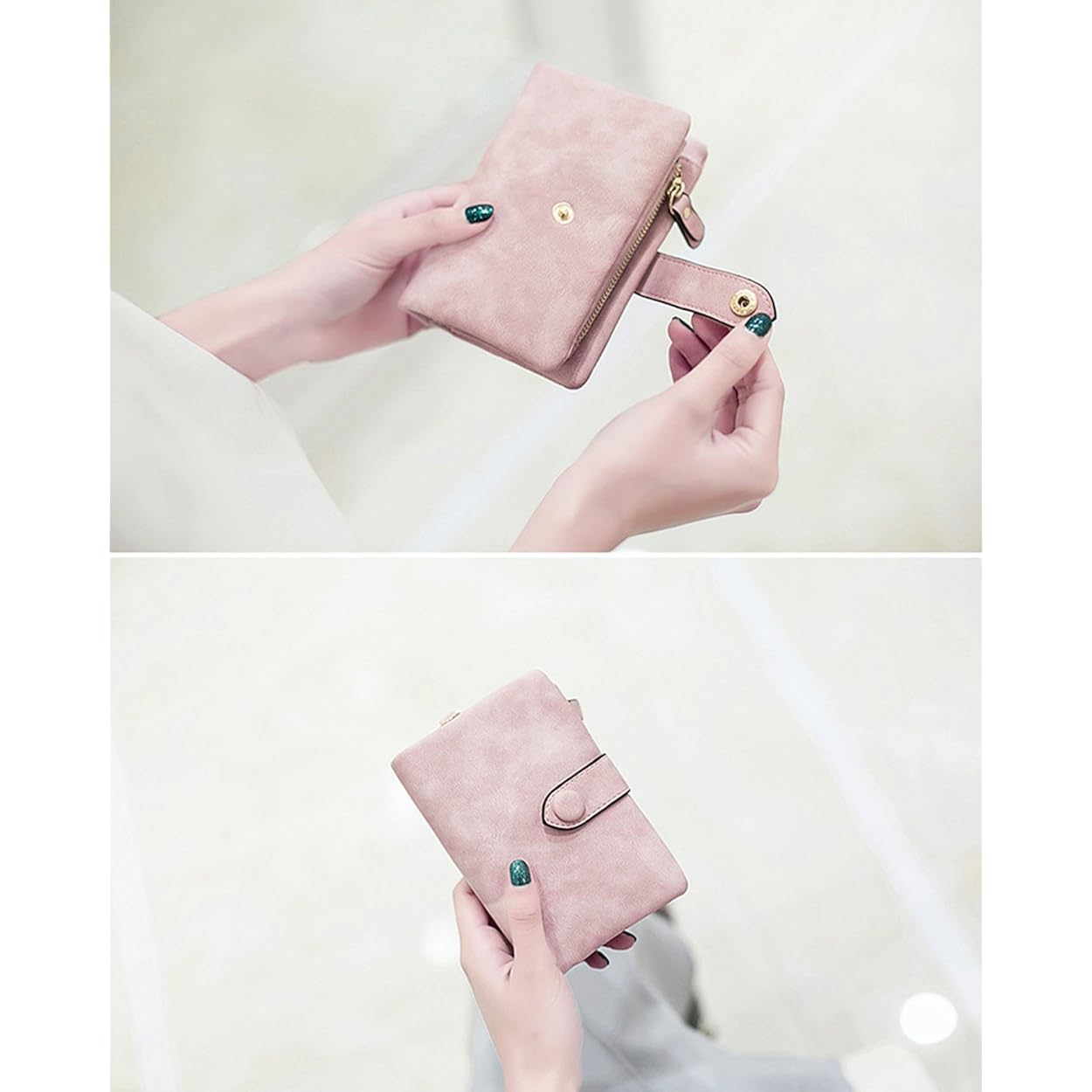 Topkull Bifold Small Rfid Soft Leather Ladies Trifold Wallets Billfolds Mini Wristlet Clutch Cute Zipper Coin Purse With Wrist Strap (Pink)