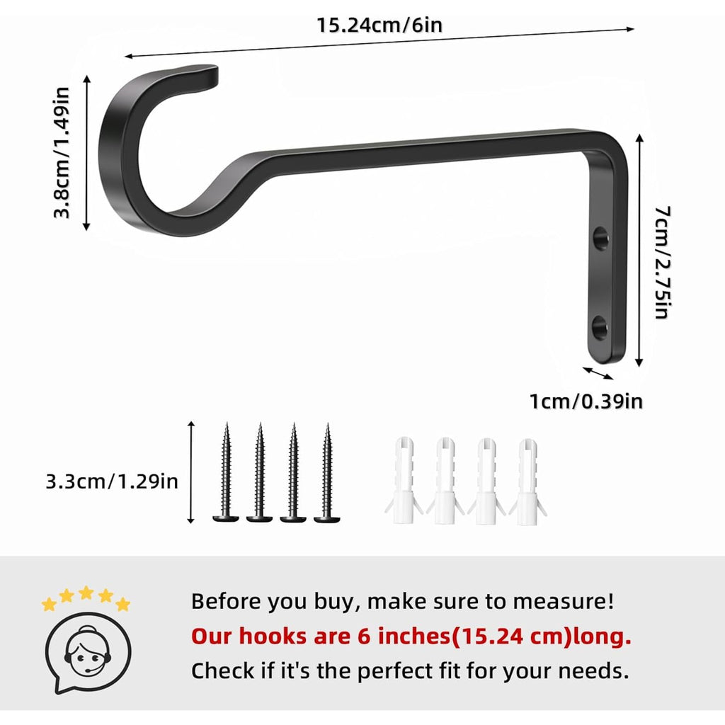 Saffruff Heavy Duty Plant Hooks For Wall: 6-Inch 2 Pack Plant Hangers Outdoor, Hold 35Lb, Bird Feeder Hanger For Outside, Iron Planter Brackets For Hanging Baskets, Wind Chime, Lantern, Metal - Black