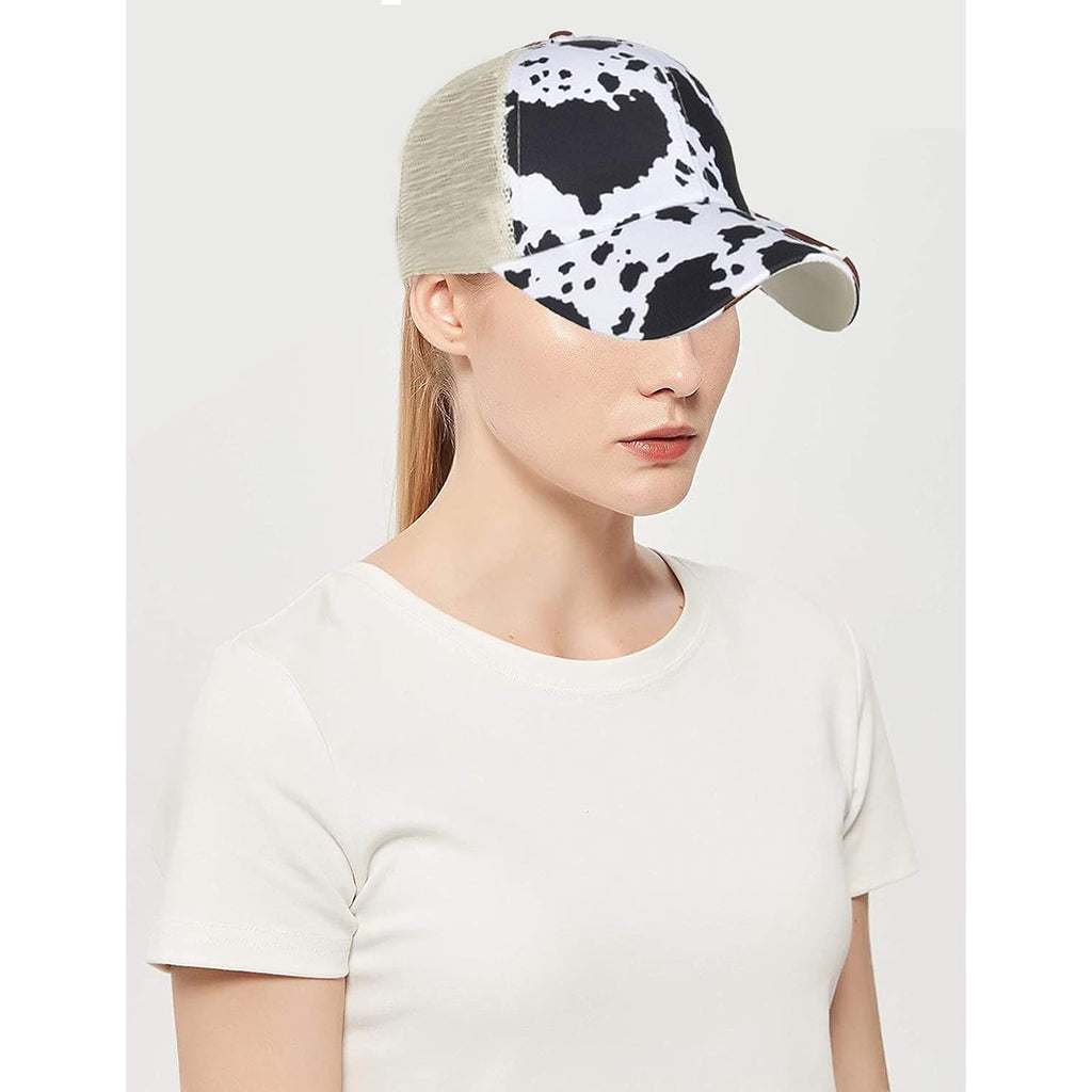 Womens Cow Print Baseball Cap Unisex Adjustable Baseball Hat Casual Cotton Sun Hats for Teen Girls Mesh (Cow White)