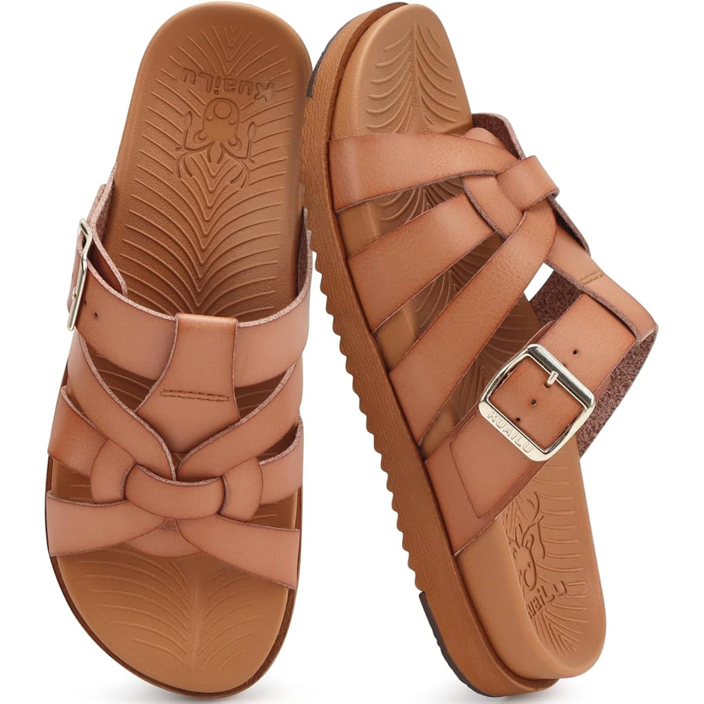 Kuailu Gladiator Sandals For Women With Comfortable Arch Support Summer Beach Walking Fisherman Slides Boho Outfits Flats Slip On Cushion Shoes Indoor Outdoor