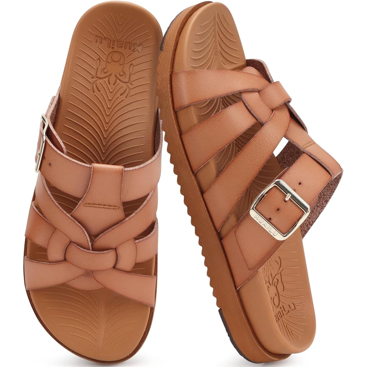 Kuailu Gladiator Sandals For Women With Comfortable Arch Support Summer Beach Walking Fisherman Slides Boho Outfits Flats Slip On Cushion Shoes Indoor Outdoor